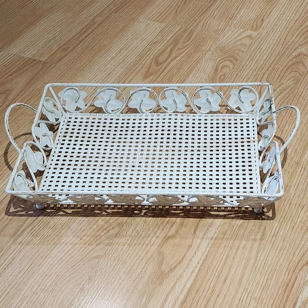 Vintage Style Shabby Chic Metal‎ Footed Tray Basket Like New
